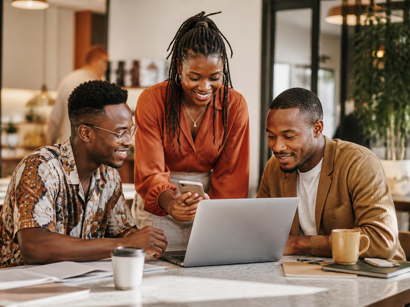 African professionals learning digital skills together on laptops and phones